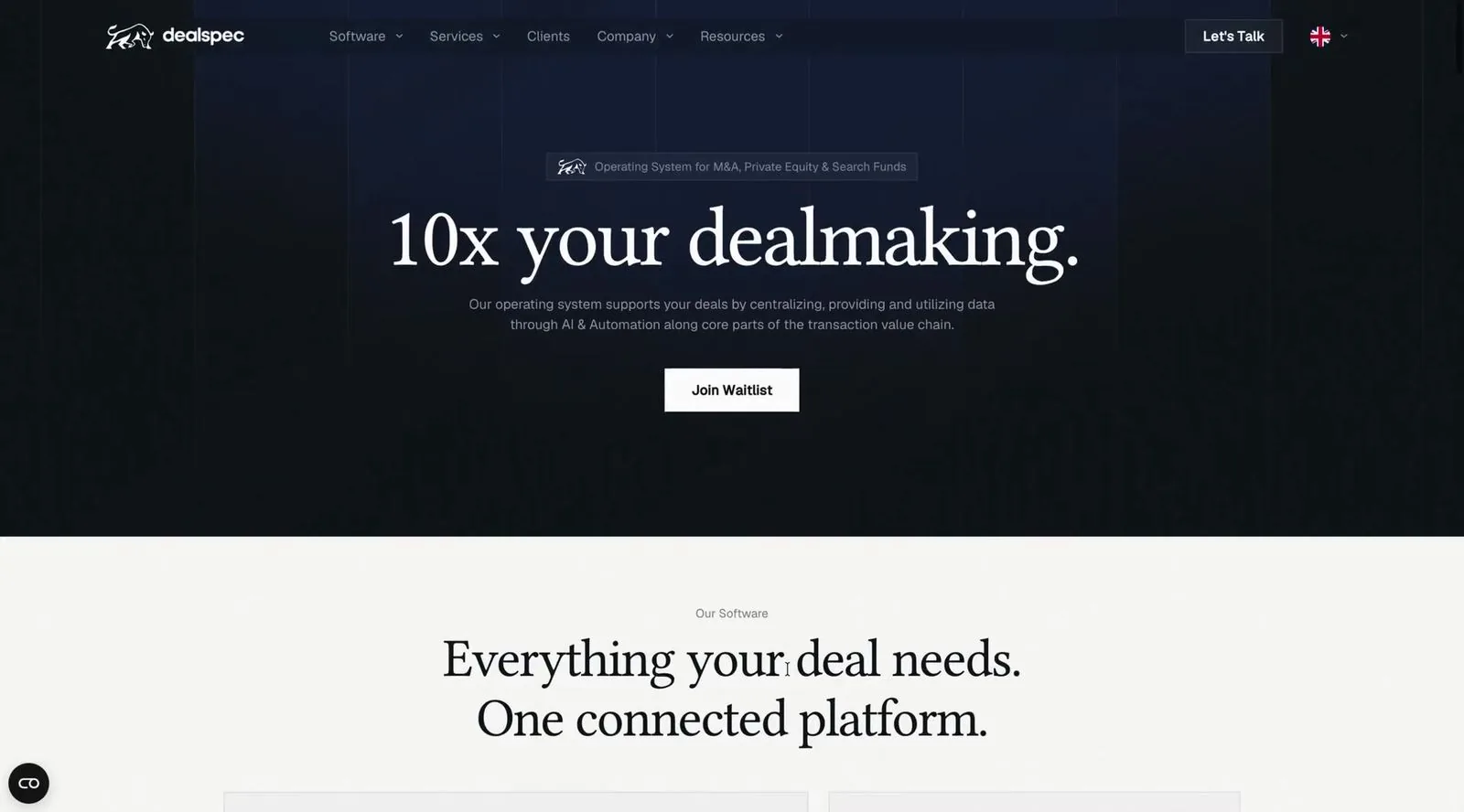 Dealspec website: AI software for M&A